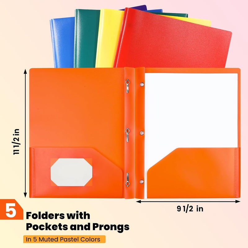 Gnl Plastic Folders with Pockets and Prong, Pack of 5, Colored Heavy Duty 2 Pocket File Folders Letter Size, Folders with Prongs for School, Home, and Office - Image 2